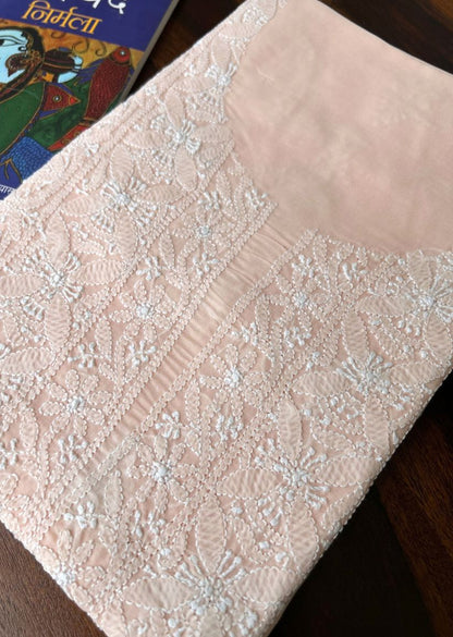 Firgun Light Peach Lucknowi Chikankari Cotton Unstitched Kurta