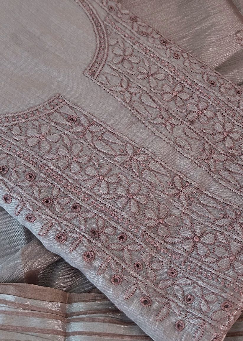 Firgun Rose Taupe Lucknowi Chikankari Chanderi Silver Tissue Kurta Dupatta Set