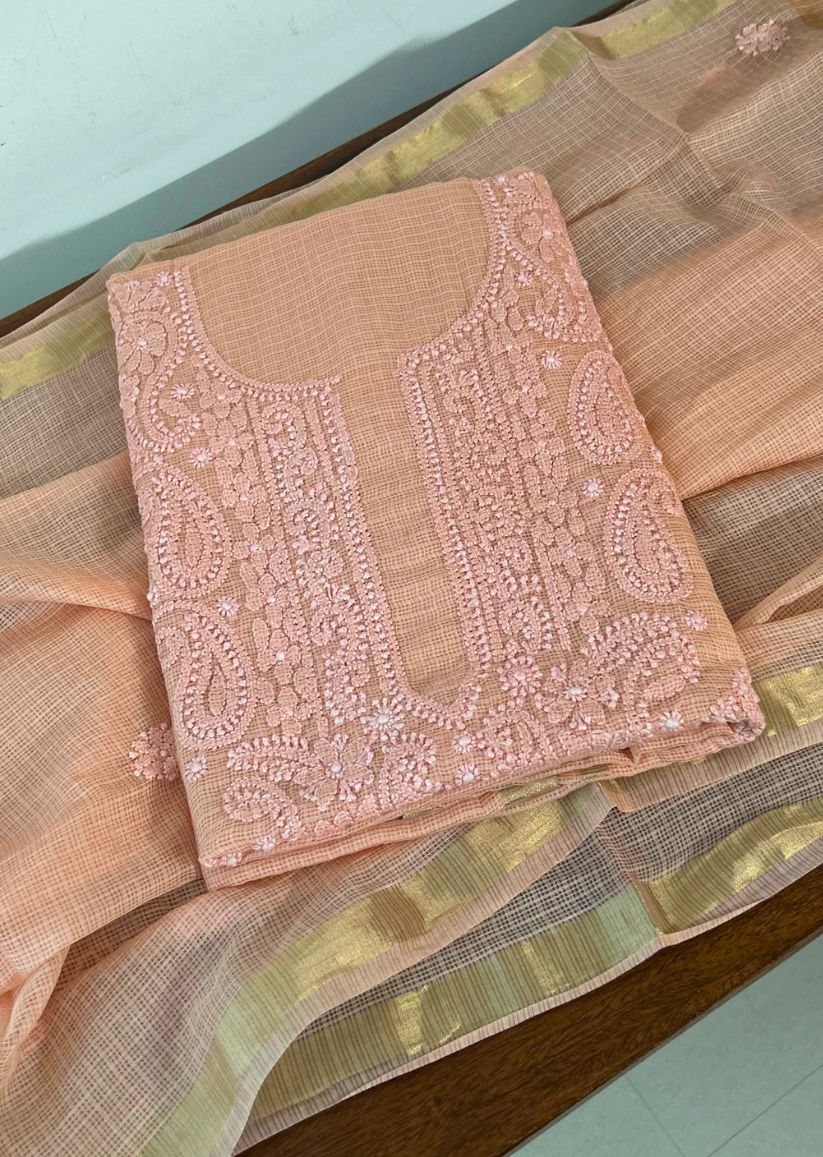 Firgun Orange Lucknowi Chikankari Kota Unstitched Kurta & Dupatta Set