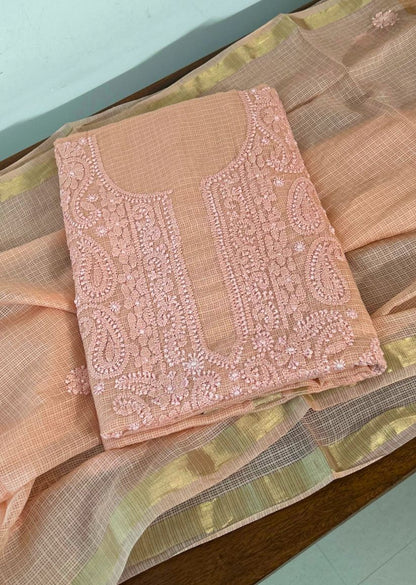 Firgun Orange Lucknowi Chikankari Kota Unstitched Kurta & Dupatta Set