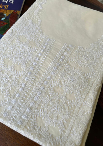 Firgun Cream Lucknowi Chikankari Cotton Unstitched Kurta