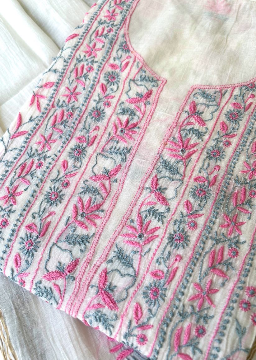 Firgun White Lucknowi Chikankari with Pink & Grey Work Mul Chanderi Unstitched Kurta & Dupatta Set