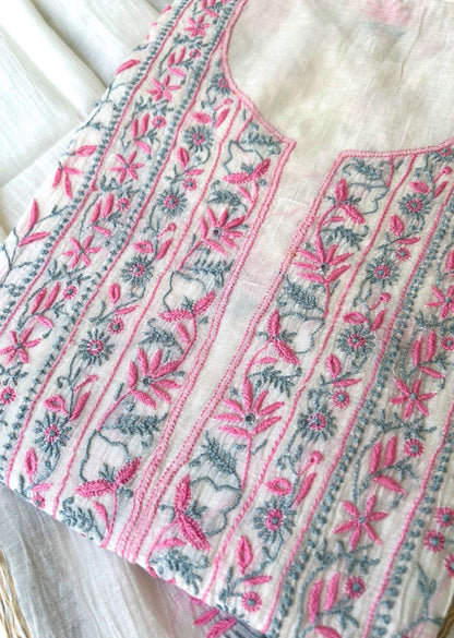 Firgun White Lucknowi Chikankari with Pink & Grey Work Mul Chanderi Unstitched Kurta & Dupatta Set