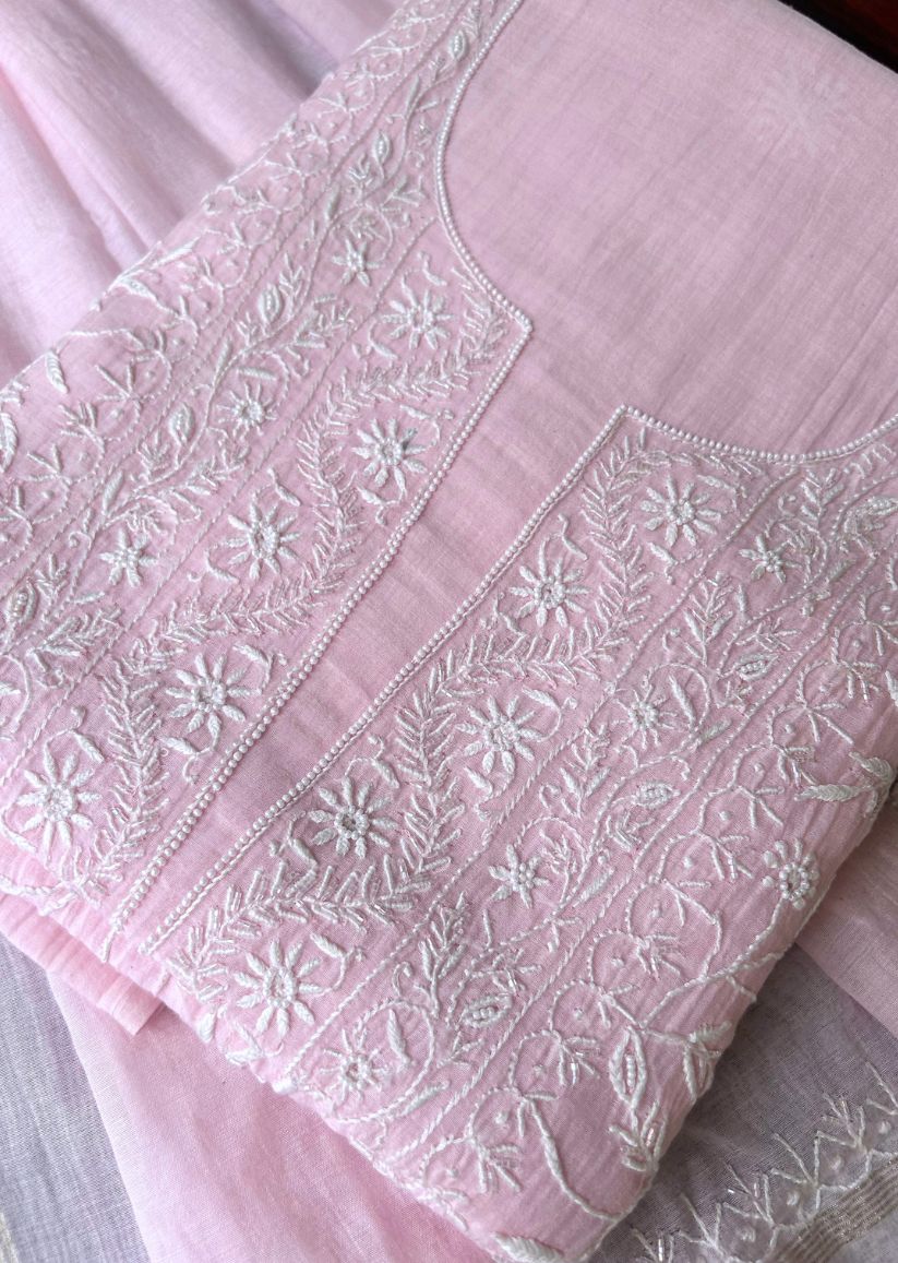 Firgun Baby Pink Lucknowi Chikankari Mul Chanderi Unstitched Kurta & Dupatta Set with Pearl & Cutdana Work