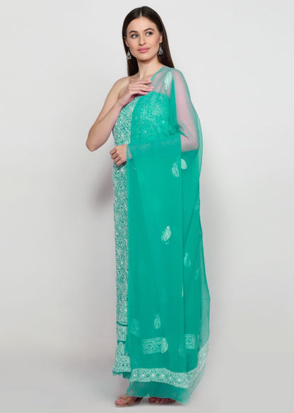 Firgun Hand Embroidered Jade Green Lucknowi Chikankari Georgette Unstitched Suit Set