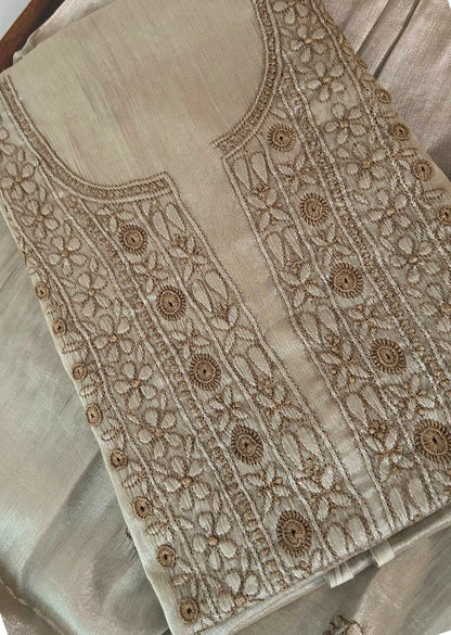 Firgun Champagne Beige Lucknowi Chikankari Chanderi Silver Tissue Kurta Dupatta Set