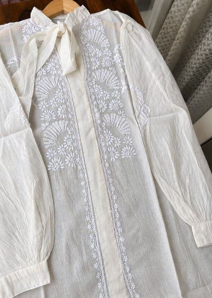 Firgun Cream Lucknowi Chikankari Mul Chanderi Semi-Stitched Shirt