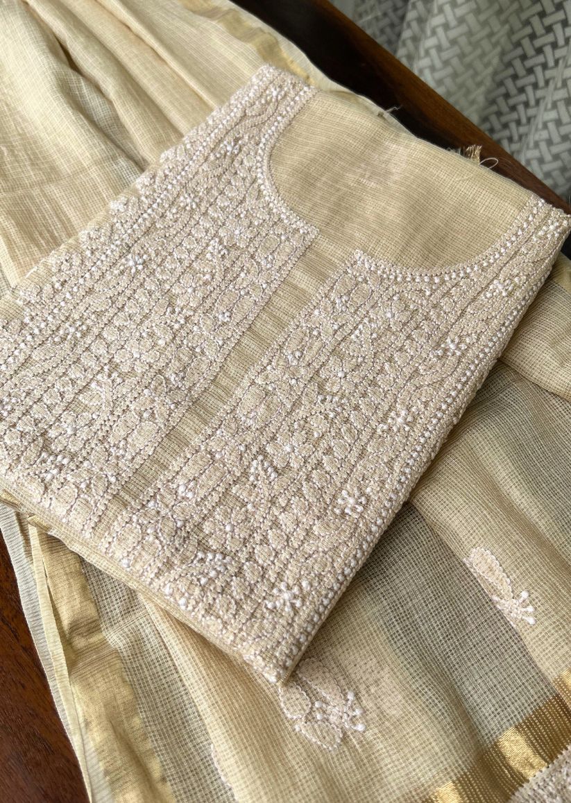 Firgun Beige Lucknowi Chikankari Kota Unstitched Kurta & Dupatta Set