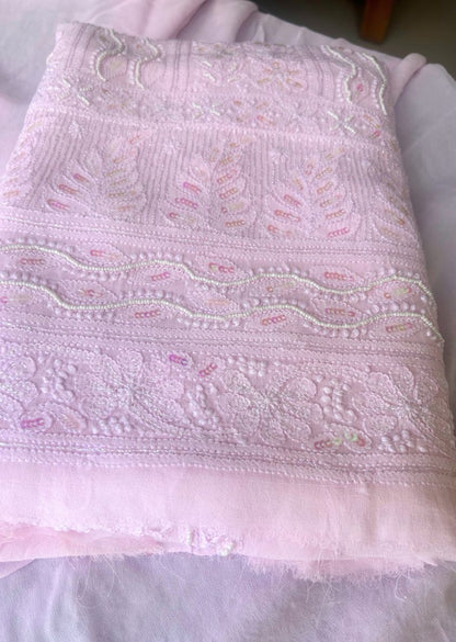 Firgun Baby Pink Lucknowi Chikankari Viscose Georgette Unstitched Kurta & Dupatta Set