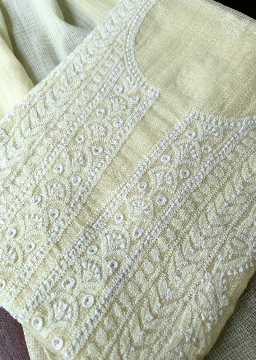 Firgun Lemon Lucknowi Chikankari Kota Unstitched Kurta & Dupatta Set