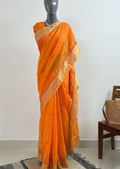 Firgun Orange Lucknowi Chikankari Chanderi Saree with Unstitched Blouse Piece