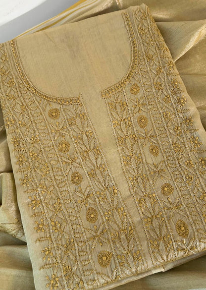 Firgun Mustard Lucknowi Chikankari Chanderi Silver Tissue Kurta Dupatta Set