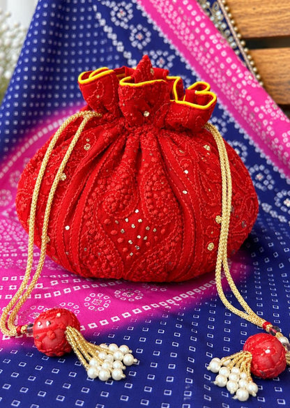 Firgun Red Lucknowi Chikankari Viscose Georgette Potli Bag with Mukaish Work
