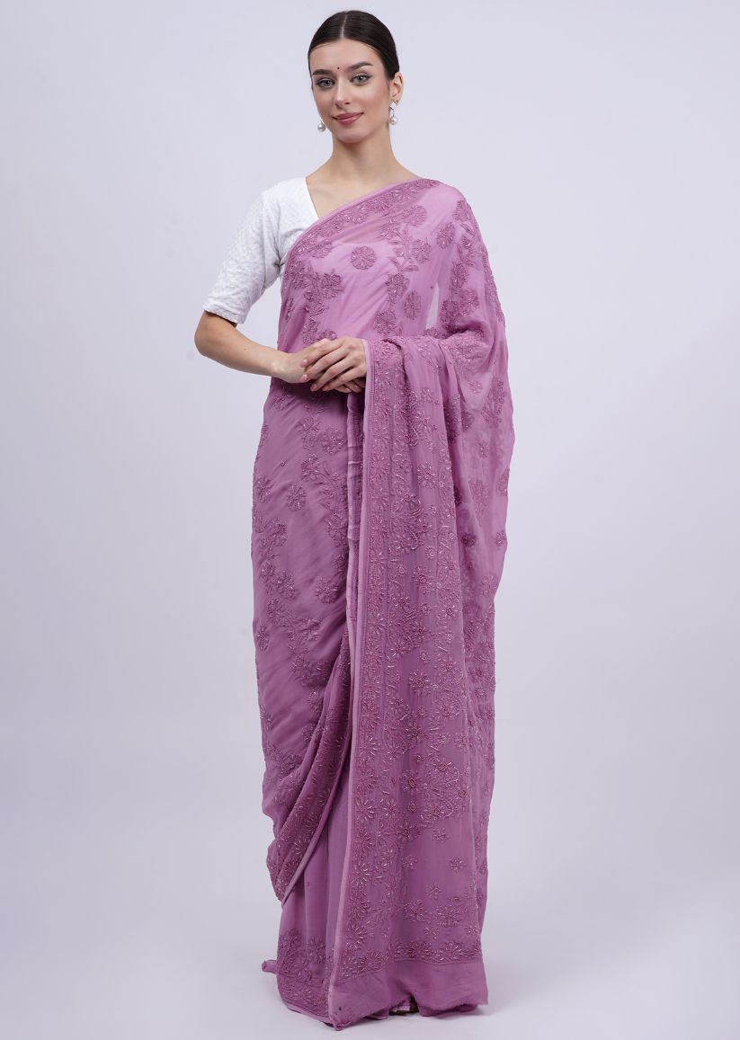 Firgun Wine Lucknowi Chikankari Viscose Georgette Saree with Unstitched Blouse Piece