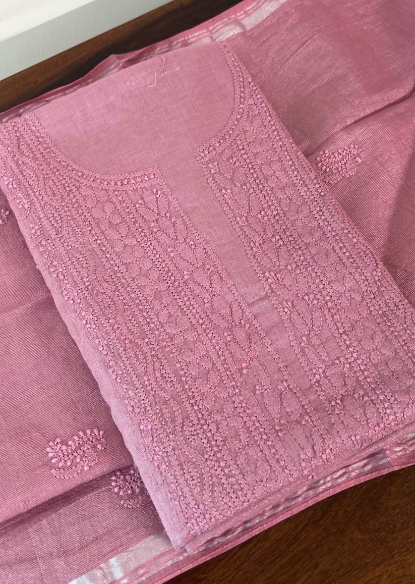 Firgun Pink Lucknowi Chikankari Chanderi Silver Tissue Kurta Dupatta Set
