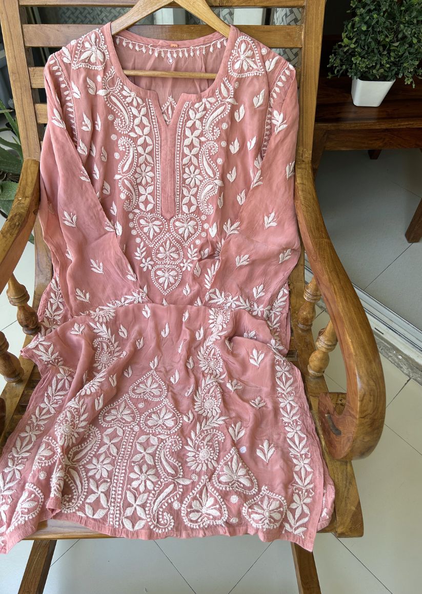Firgun Peach Lucknowi Chikankari Silk Straight Kurta