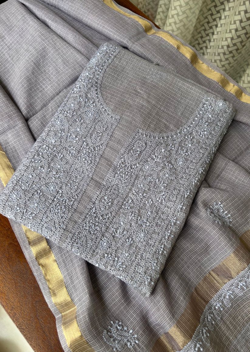 Firgun Slate Grey Lucknowi Chikankari Kota Unstitched Kurta & Dupatta Set