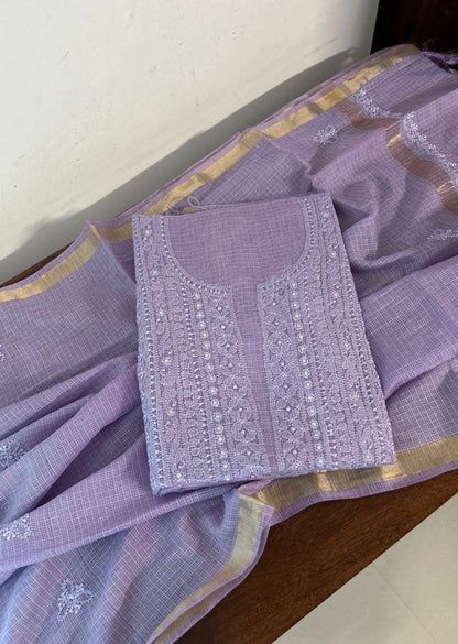 Firgun Royal Purple Lucknowi Chikankari Kota Unstitched Kurta & Dupatta Set