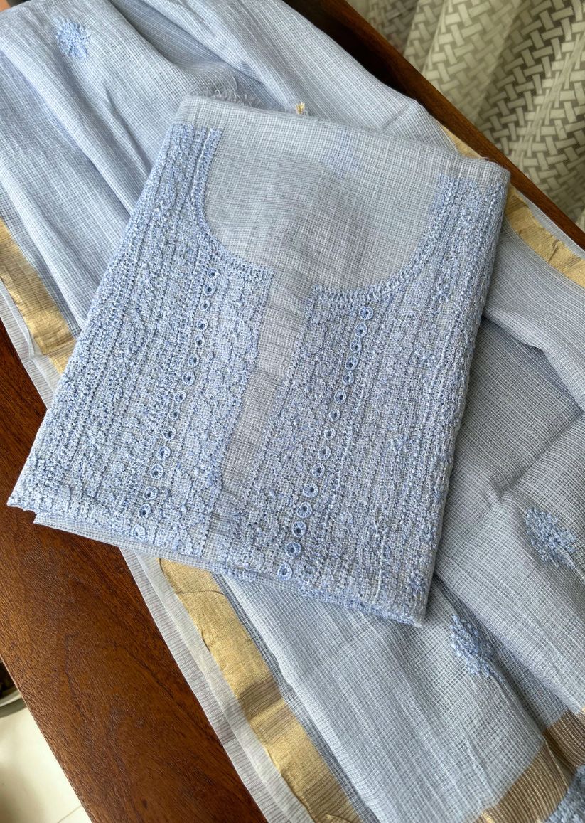 Firgun Sky Blue Lucknowi Chikankari Kota Unstitched Kurta & Dupatta Set