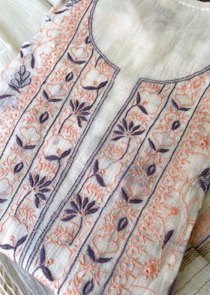 Firgun White Lucknowi Chikankari with Wine & Peach Work Mul Chanderi Unstitched Kurta & Dupatta Set