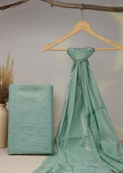 Firgun Mint Green Lucknowi Chikankari Chanderi Silver Tissue Unstitched Kurta & Dupatta Set