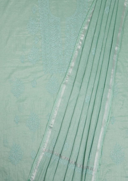 Firgun Mint Green Lucknowi Chikankari Chanderi Silver Tissue Unstitched Kurta & Dupatta Set