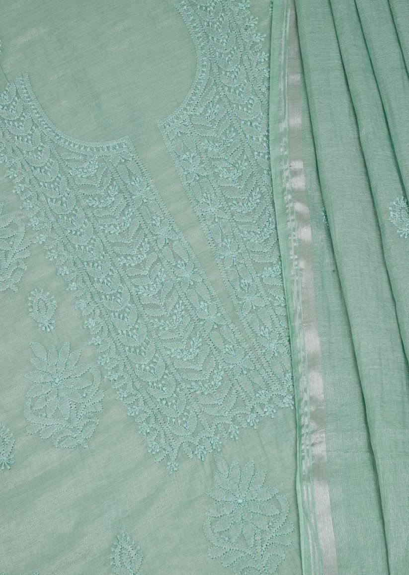 Firgun Mint Green Lucknowi Chikankari Chanderi Silver Tissue Unstitched Kurta & Dupatta Set