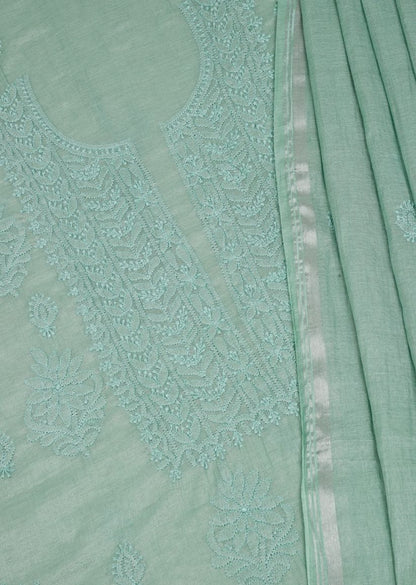 Firgun Mint Green Lucknowi Chikankari Chanderi Silver Tissue Unstitched Kurta & Dupatta Set