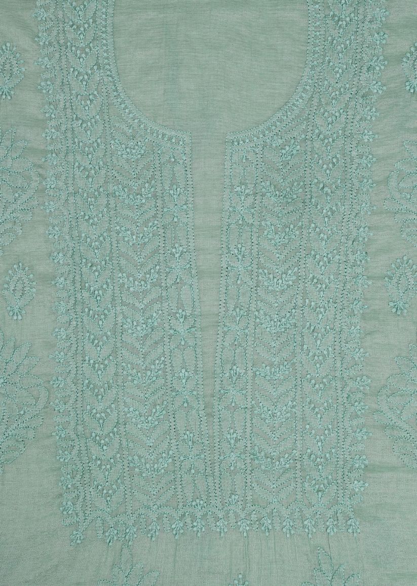 Firgun Mint Green Lucknowi Chikankari Chanderi Silver Tissue Unstitched Kurta & Dupatta Set