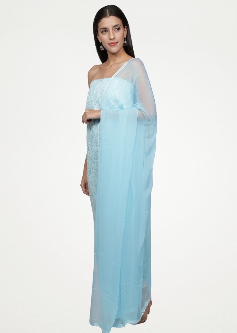 Firgun Blue Lucknowi Chikankari Cotton Unstitched Suit Set