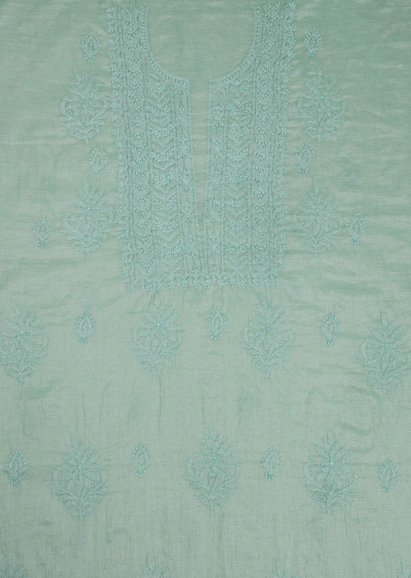 Firgun Mint Green Lucknowi Chikankari Chanderi Silver Tissue Unstitched Kurta & Dupatta Set