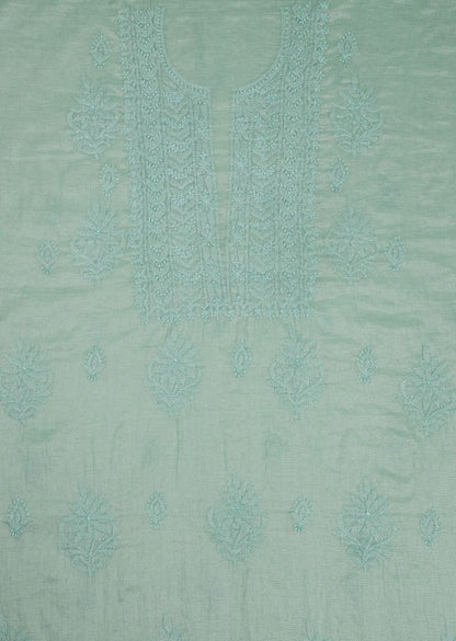 Firgun Mint Green Lucknowi Chikankari Chanderi Silver Tissue Unstitched Kurta & Dupatta Set