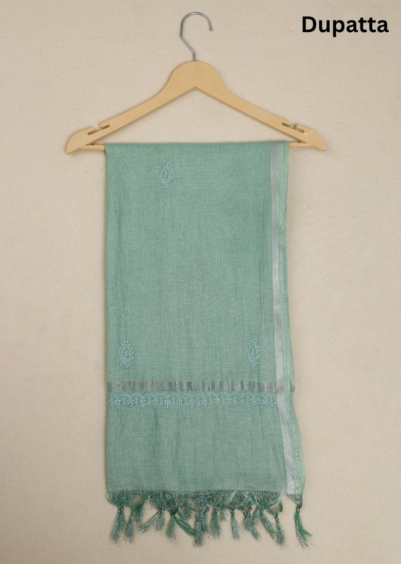 Firgun Mint Green Lucknowi Chikankari Chanderi Silver Tissue Unstitched Kurta & Dupatta Set