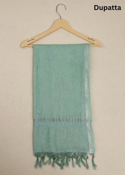 Firgun Mint Green Lucknowi Chikankari Chanderi Silver Tissue Unstitched Kurta & Dupatta Set
