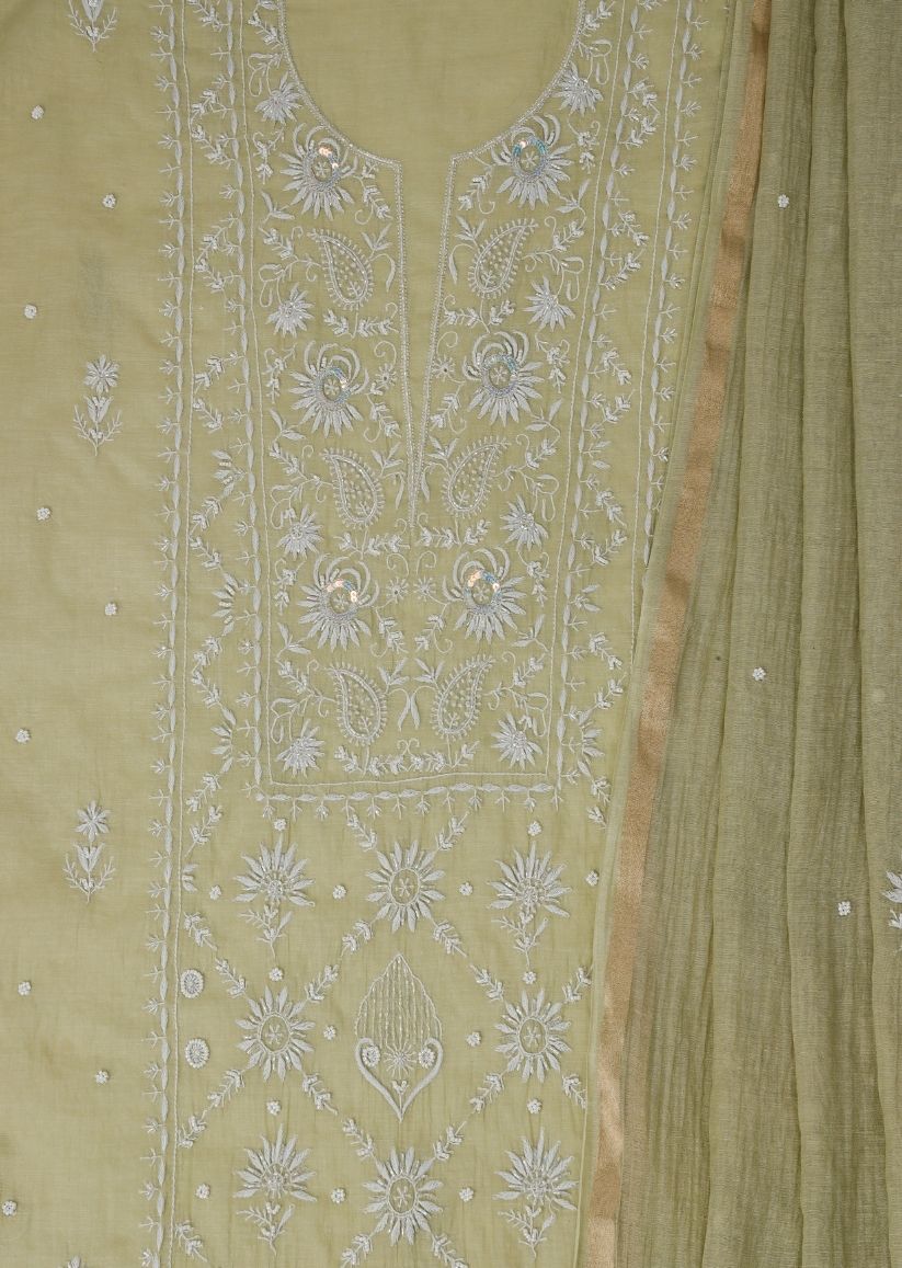 Firgun Mehendi Green Lucknowi Chikankari Mul Chanderi Unstitched Kurta & Dupatta Set
