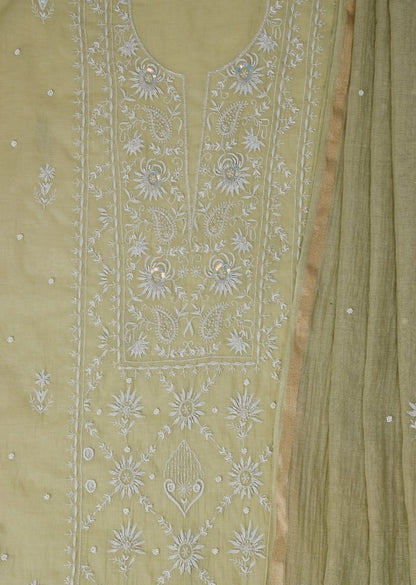 Firgun Mehendi Green Lucknowi Chikankari Mul Chanderi Unstitched Kurta & Dupatta Set