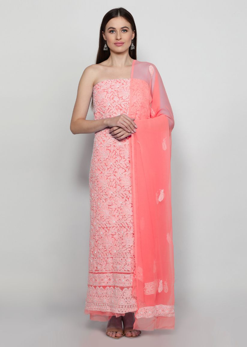 Firgun Hand Embroidered Peach Lucknowi Chikankari Georgette Unstitched Suit Set