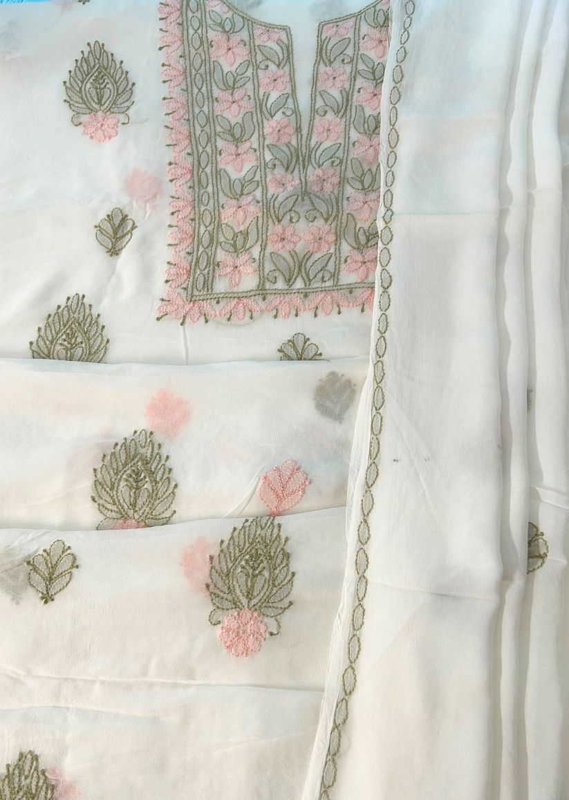 Firgun White Lucknowi Chikankari Viscose Georgette Unstitched Kurta & Dupatta Set