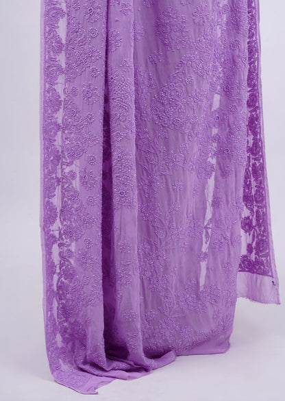 Firgun Lavender Lucknowi Chikankari Viscose Georgette Saree with Unstitched Blouse Piece