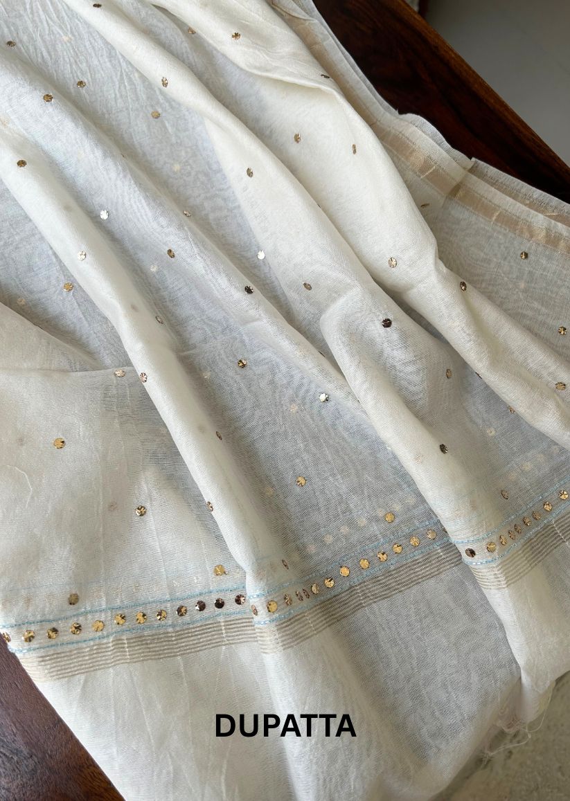 Firgun White Mul Chanderi Unstitched Kurta & Dupatta Set