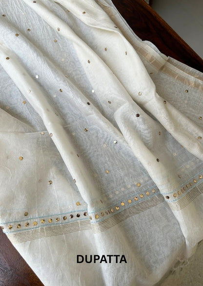 Firgun White Mul Chanderi Unstitched Kurta & Dupatta Set