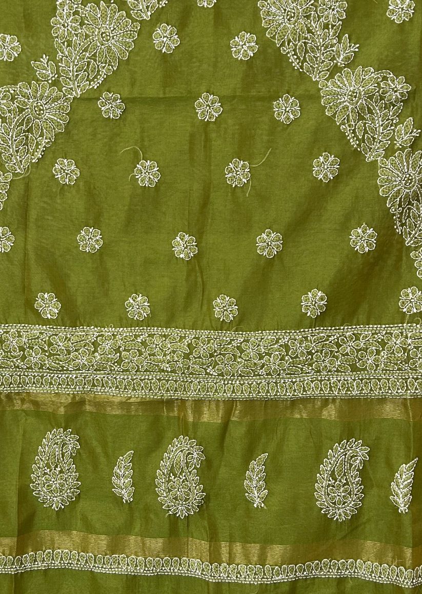 Firgun Olive Lucknowi Chikankari Chanderi Saree with Unstitched Blouse Piece