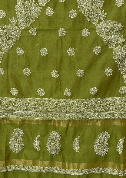 Firgun Olive Lucknowi Chikankari Chanderi Saree with Unstitched Blouse Piece