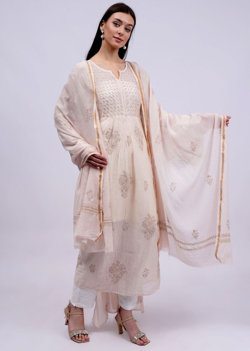 Firgun Beige Lucknowi Chikankari Viscose Mul Chanderi Semi-stitched Anarkali & Dupatta Set