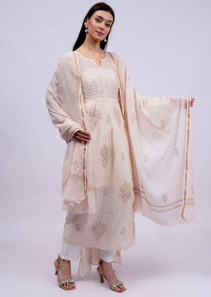 Firgun Beige Lucknowi Chikankari Viscose Mul Chanderi Semi-stitched Anarkali & Dupatta Set
