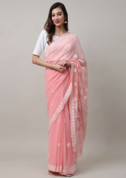 Firgun Peach Lucknowi Chikankari Georgette Saree with Unstitched Blouse Piece