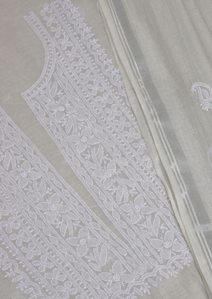 Firgun Silver Lucknowi Chikankari Chanderi Tissue Unstitched Kurta & Dupatta Set