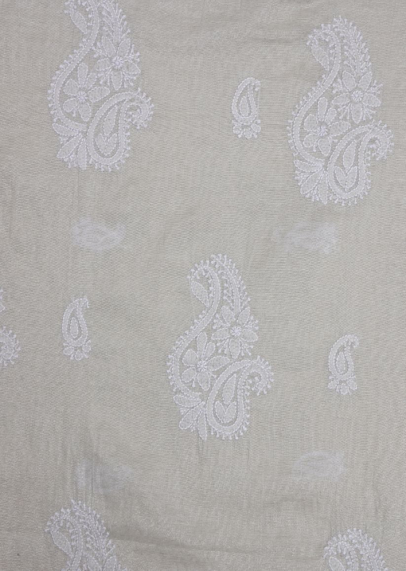 Firgun Silver Lucknowi Chikankari Chanderi Tissue Unstitched Kurta & Dupatta Set