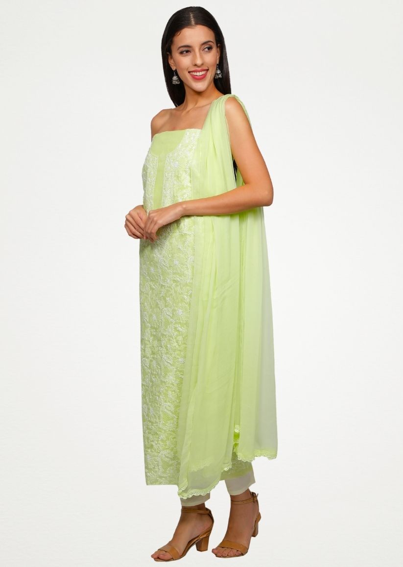 Firgun Lime Green Lucknowi Chikankari Cotton Unstitched Suit Set