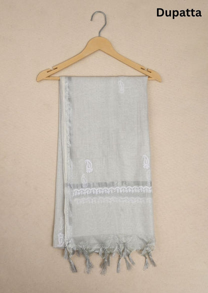 Firgun Silver Lucknowi Chikankari Chanderi Tissue Unstitched Kurta & Dupatta Set